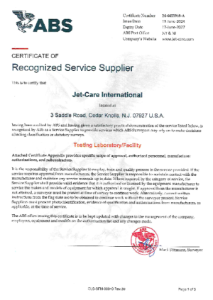 Jet-Care US American Bureau of Shipping Service Supplier Certificate